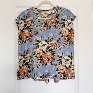 Joie 100% Linen Floral Blouse XL Blue Orange Button Back Summer Top